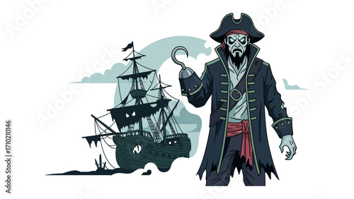 The Pirate’s Legacy: An illustration captures a weathered pirate with a menacing hook hand, stands next to a skeletal ship, hinting at adventure and danger on the open sea.