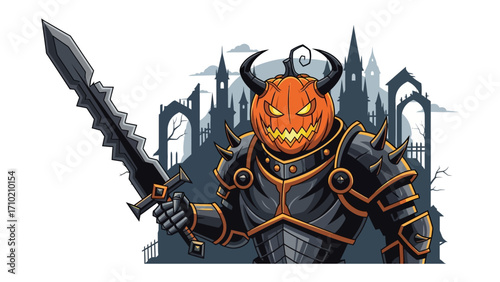Pumpkin-Headed Knight in the Spooky Castle: a fearsome figure stands guard with a menacing sword, with a pumpkin head against a backdrop of a silhouette of a haunted castle and a dark sky.