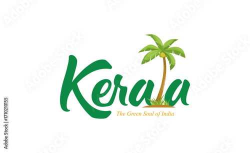Kerala tourism logo design with tropical palm tree illustration, symbolizing nature, greenery, Ayurveda, and cultural heritage. Perfect for posters, banners, branding, and travel identity.