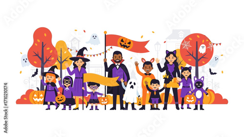 A Halloween Parade: A vibrant illustration of children and adults in playful costumes gather for a festive celebration. A flag is waving in the breeze.