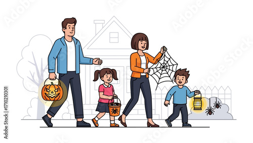 Halloween Family Outing: A family, filled with costumes, happily embark on their trick-or-treating adventure, complete with glowing lanterns, web decorations, and candy baskets.