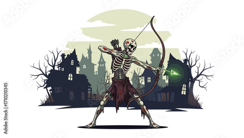 Undead Archer in Spooky Town: An undead skeleton archer takes aim with bow and arrow against a backdrop of haunted houses and eerie silhouette trees, setting a spooky and mysterious atmosphere.