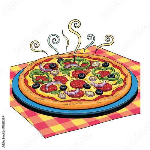 A steaming hot illustration of a pepperoni pizza on a blue plate atop a red and yellow checkered tablecloth against a white background.