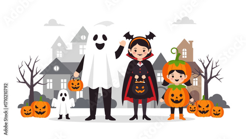 Halloween Gathering: Four kids are standing in a group with their respective outfits, celebrating the spirit of the spooky holiday.