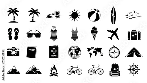 Artboard 1Summer and Travel Icons – Black Silhouette Icon Set of Vacation, Beach, and Holiday Symbols