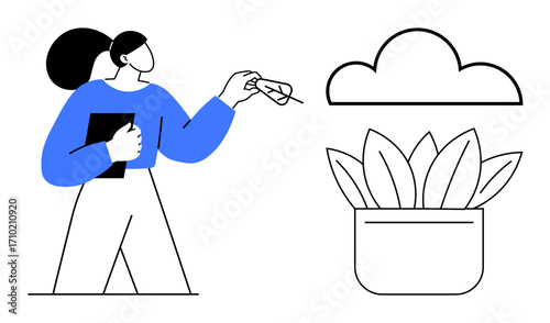 Woman holding tablet, pointing towards a cloud and potted plant with broad leaves. Ideal for sustainability, environment, nature, growth, technology, minimalism or innovation themes. Simple flat