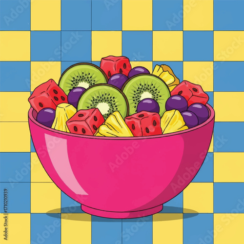 A vibrant pink bowl filled with a colorful mix of fresh fruit including kiwi slices, watermelon cubes, grapes, and pineapple chunks against a bright blue and yellow checkered background.