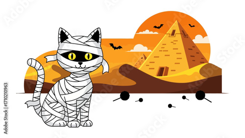 Mummy Cat by the Pyramids: A whimsical illustration shows a charming mummy cat, bandages wrapped around its furry form, seated before the iconic pyramids under a blazing sunset.