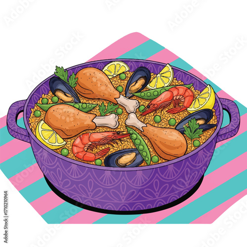 Vibrant purple paella dish filled with seafood and vegetables on a colorful striped mat against a white background.