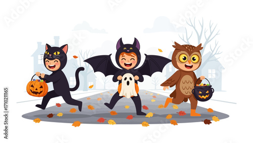 Halloween Costume Parade: Adorable children, dressed in vibrant costumes, gleefully parade down a leaf-strewn street, their happy faces mirroring the spooky excitement of the Halloween season.