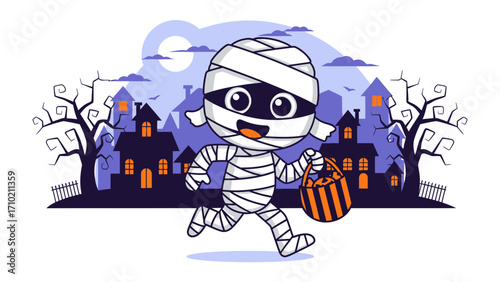 Halloween Mummy's Trick or Treat: A cute cartoon mummy happily trick-or-treating on Halloween night, silhouetted against a spooky scene. It captures the spirit of the season, joy and childhood whimsy.