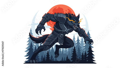 Moonlit Guardian: A majestic beast, part wolf and part warrior, emerges from the shadows beneath a crimson moon, embodying strength and mystique, illustrated in a captivating digital artwork.