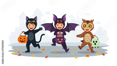 Halloween Parade of Smiles: A trio of youngsters joyfully parades through a festive street, each dressed in unique costumes and bearing treat-filled bags.