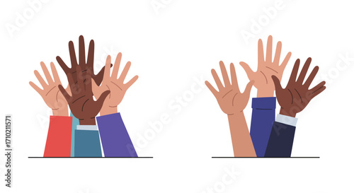 Diverse group of hands raised in a united gesture of support
