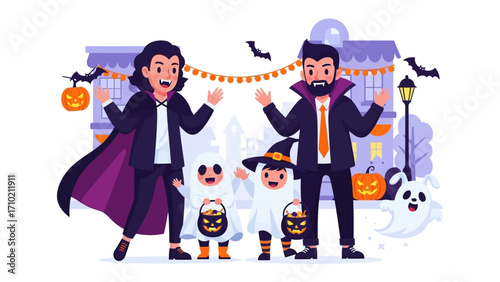 Happy Halloween: A family, costumed and ready to celebrate, joyfully stands before a spooky building adorned with decorations. The children, dressed as ghosts and a witch.