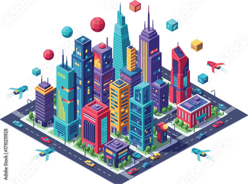 Isometric Cityscape Illustration of a Colourful Metropolis with Innovative Architecture and Technology
