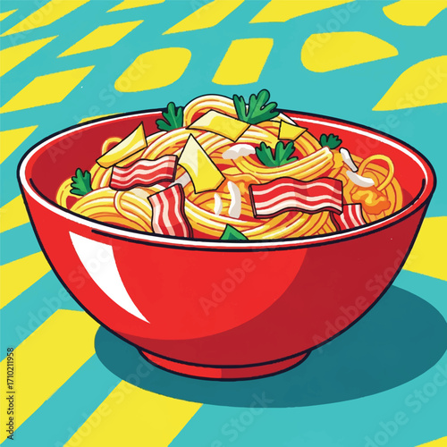 Vibrant illustration of a red bowl filled with colorful pasta, bacon, and herbs on a patterned turquoise and yellow background.
