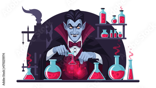 Sinister Potion: A mysterious figure in a vampire-like persona conjures a dark potion amidst a laboratory scene, the air thick with magical ingredients.