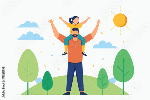 A father carries his joyful daughter on his shoulders while outdoors on a sunny day in a scenic park surrounded by lush greenery, fostering family bonding and happiness.