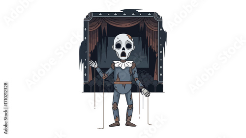 Marionette in Distress: A detailed illustration shows a skeletal marionette, its strings attached to a dark stage, projecting a sense of foreboding and mystery.