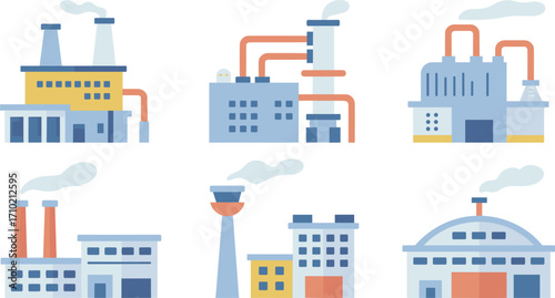 Industrial factory buildings set, manufacturing plants with chimneys, smoke stacks and pipes, energy production facilities, industrial complex illustrations, modern industry concept