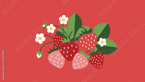 Stylized Strawberries with Leaves and Flowers on a Red Background