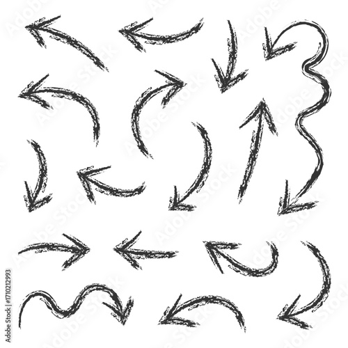 Collection of arrows with chalk texture in vector style. Chalkboard effect and rough strokes create a handmade look for posters, school themes, and informal design.
