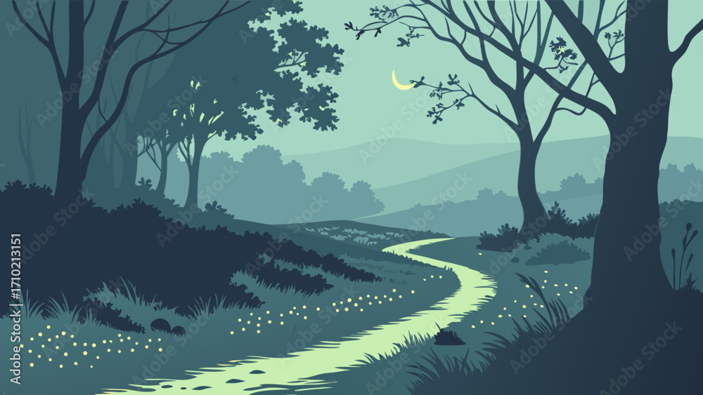 Fototapeta premium Serene Nighttime Forest Scene with Winding Creek and Crescent Moon Tranquil Nature Illustration for Book Covers Postcards and Wallpaper.