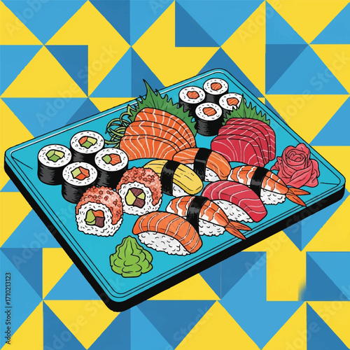 Vibrant sushi platter with assorted rolls and sashimi on a blue plate against a geometric yellow and blue background.