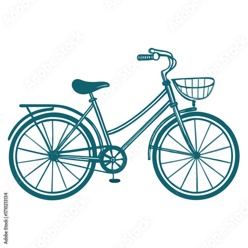 Vintage bicycle with basket in teal color on white background  