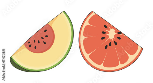 Sliced avocado and grapefruit segments displayed on a white background