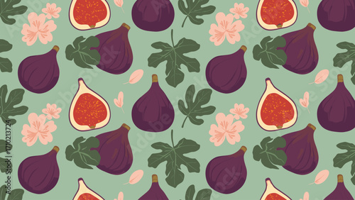 Seamless pattern with purple figs, green leaves, and pink flowers on a light green background. Botanical fruit illustration.