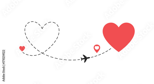 Love travels far hearts planes and location pins illustrate connection