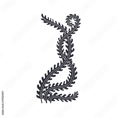 Elegant curvy seaweed hand drawn monochrome vector illustration