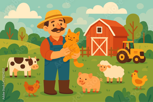 Cheerful farmer in pastoral scene with animals by barn and tractor