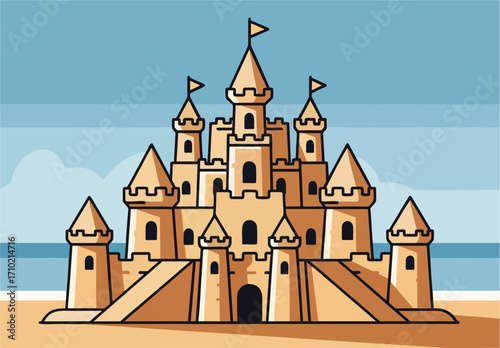 Grand Fortress Sand Castle Vector Illustration with Towers and Flags on Beach – Detailed Cartoon Summer Design