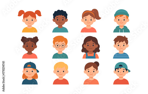 Diverse children's portraits in flat cartoon style
