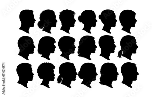 Diverse silhouette collection of male and female profiles in side view