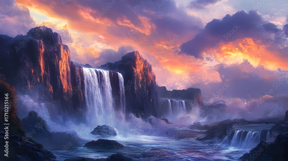 Fototapeta premium Majestic waterfalls cascading down rocky cliffs at sunset, surrounded by vibrant clouds and mist
