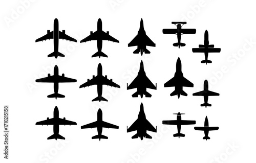 Collection of airplane silhouettes: military and commercial aircraft designs