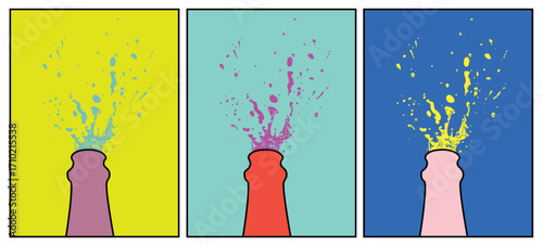 Hand drawn Illustration of Champagne explosion. Vector Illustration. Pop Art. Modern art