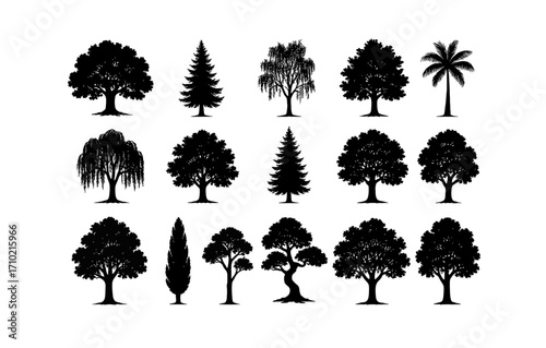 Silhouette collection of diverse tree shapes for nature and design projects