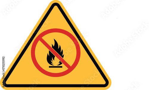 A yellow triangular warning sign with a no open flame symbol, indicating a fire hazard or flammable materials area.