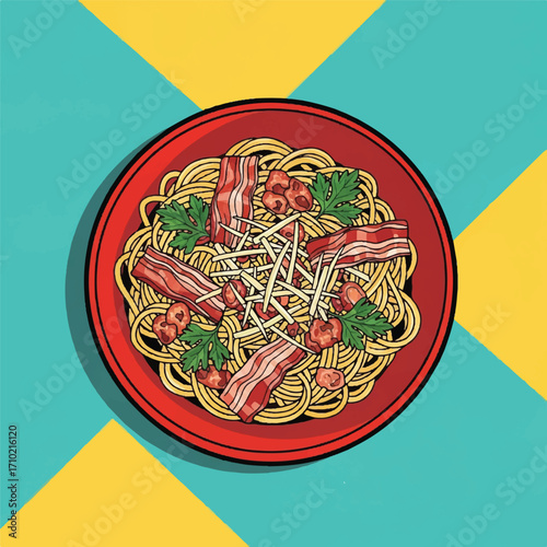 Overhead view of spaghetti with bacon strips on a red plate against a colorful background.