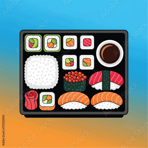 Flat lay illustration of a Japanese bento box with sushi, rice, and soy sauce on a colorful gradient background.