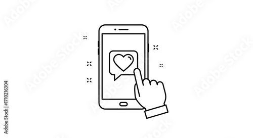 A hand touching a phone screen with a heart icon for digital design, illustration, visual communication, or stock photography