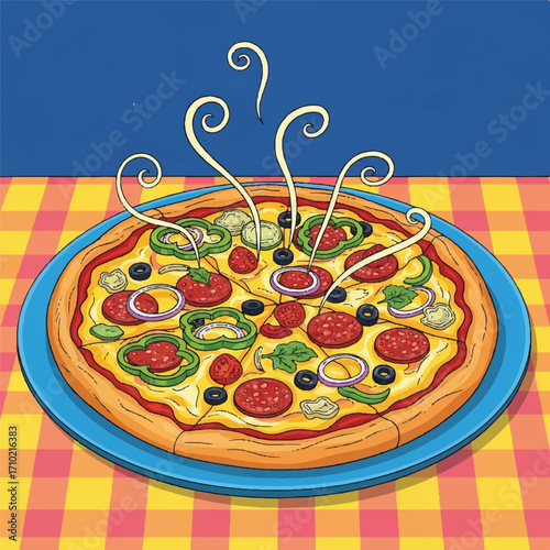 Illustration of a steaming hot pepperoni pizza on a blue plate atop a red and yellow checkered tablecloth against a blue background.