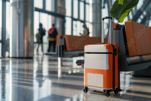 Orange Suitcase in Airport Terminal