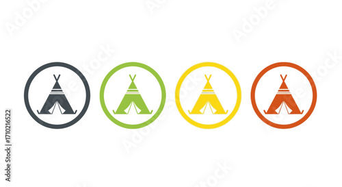 Collection of four colorful teepee icons in a circular frame, symbolizing camping, adventure, and outdoor living