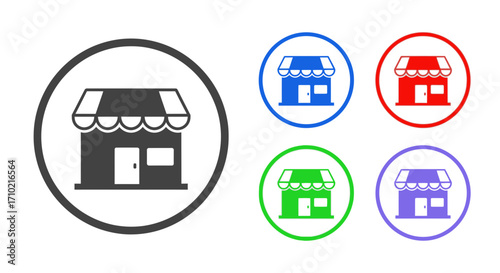 A collection of colorful storefront icons symbolizing local business, shopping, and retail services. Vector illustration of a flat shop symbol